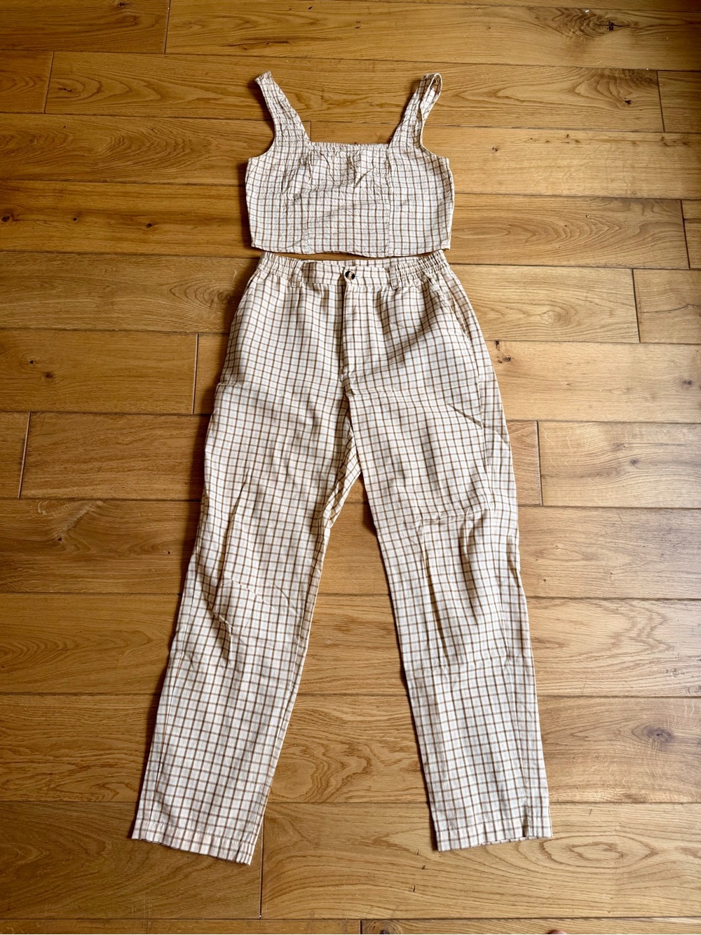 Billabong Checked Linen-Blend Crop Top & High-Rise Pants Set - Beige
